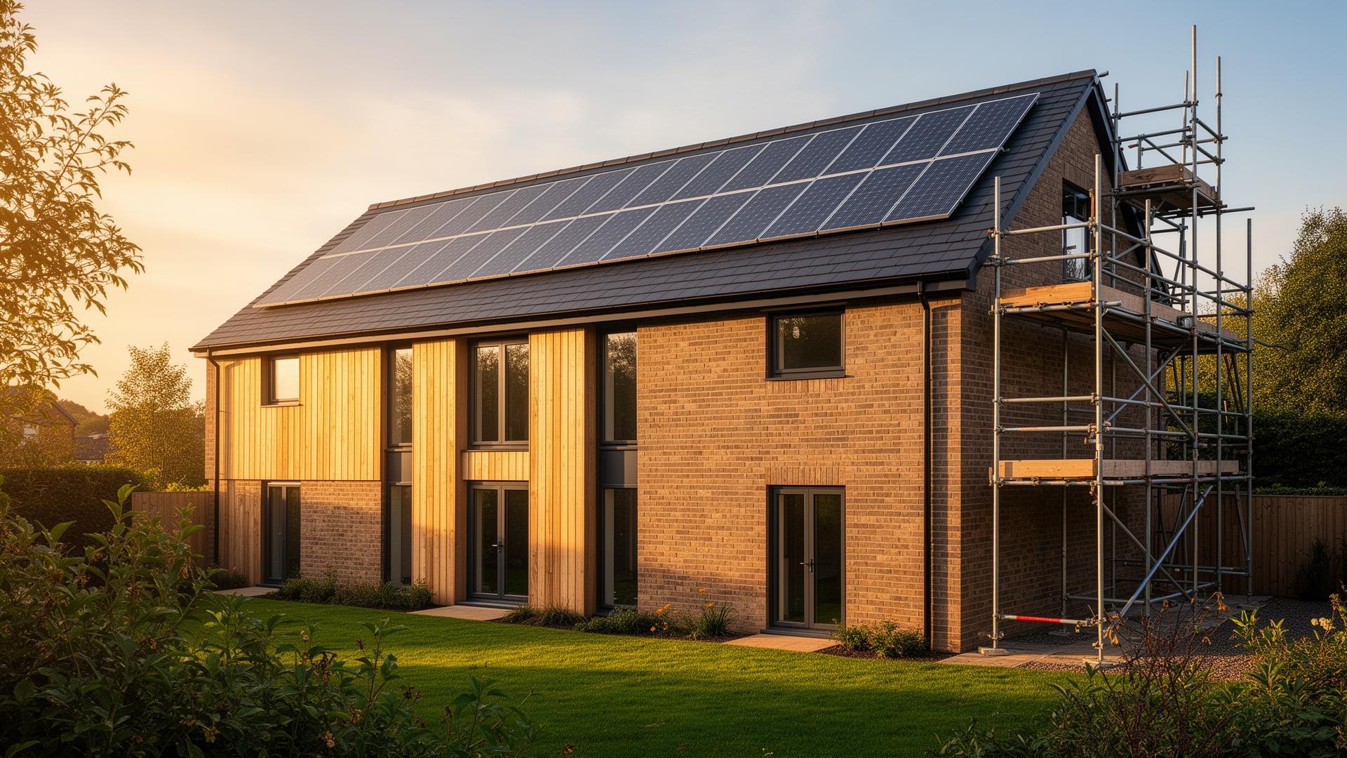 Completed low-carbon home with solar panels on a finished tiled roof